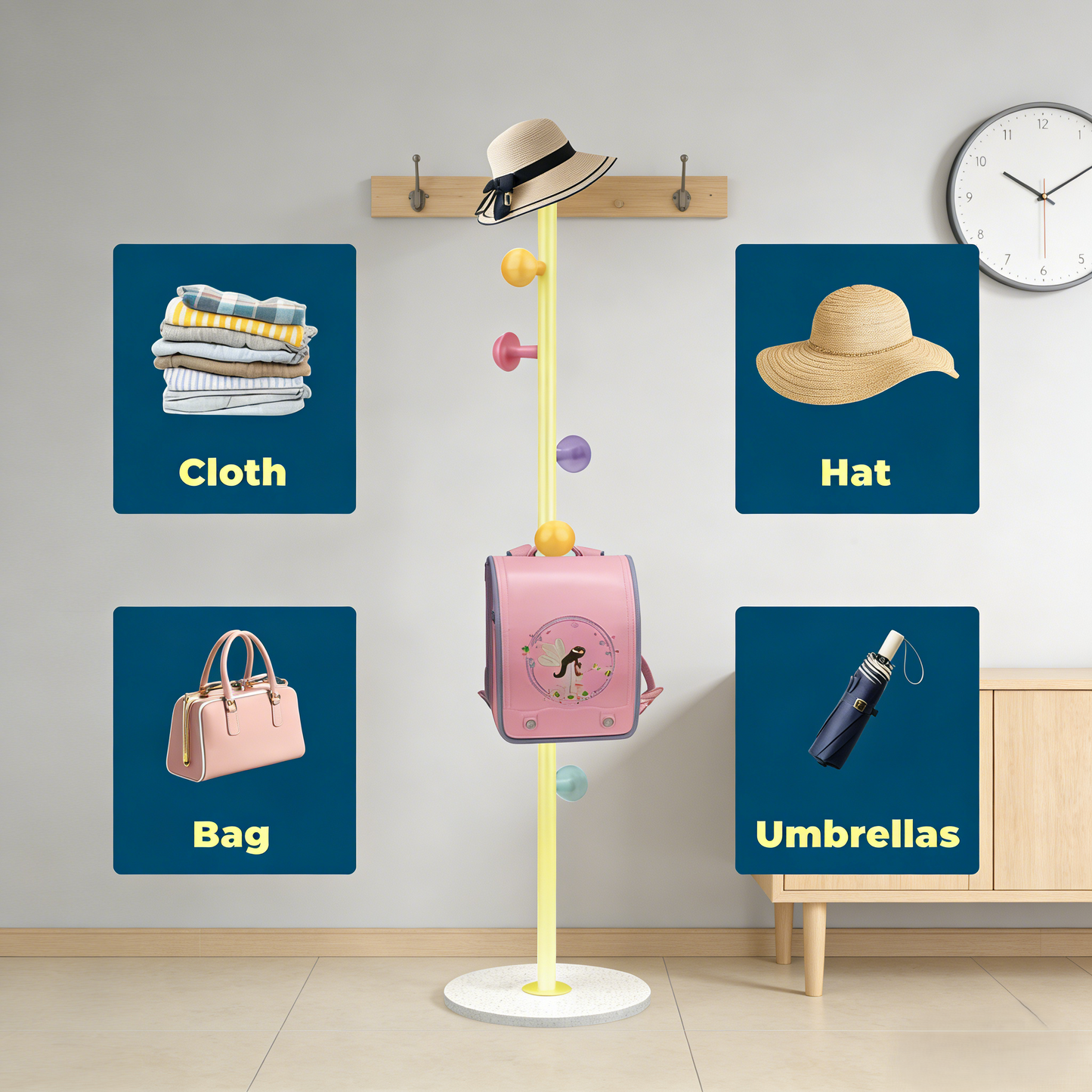 Colorful Multi-Hook Coat Rack Stand for Home Bedroom & Living Room