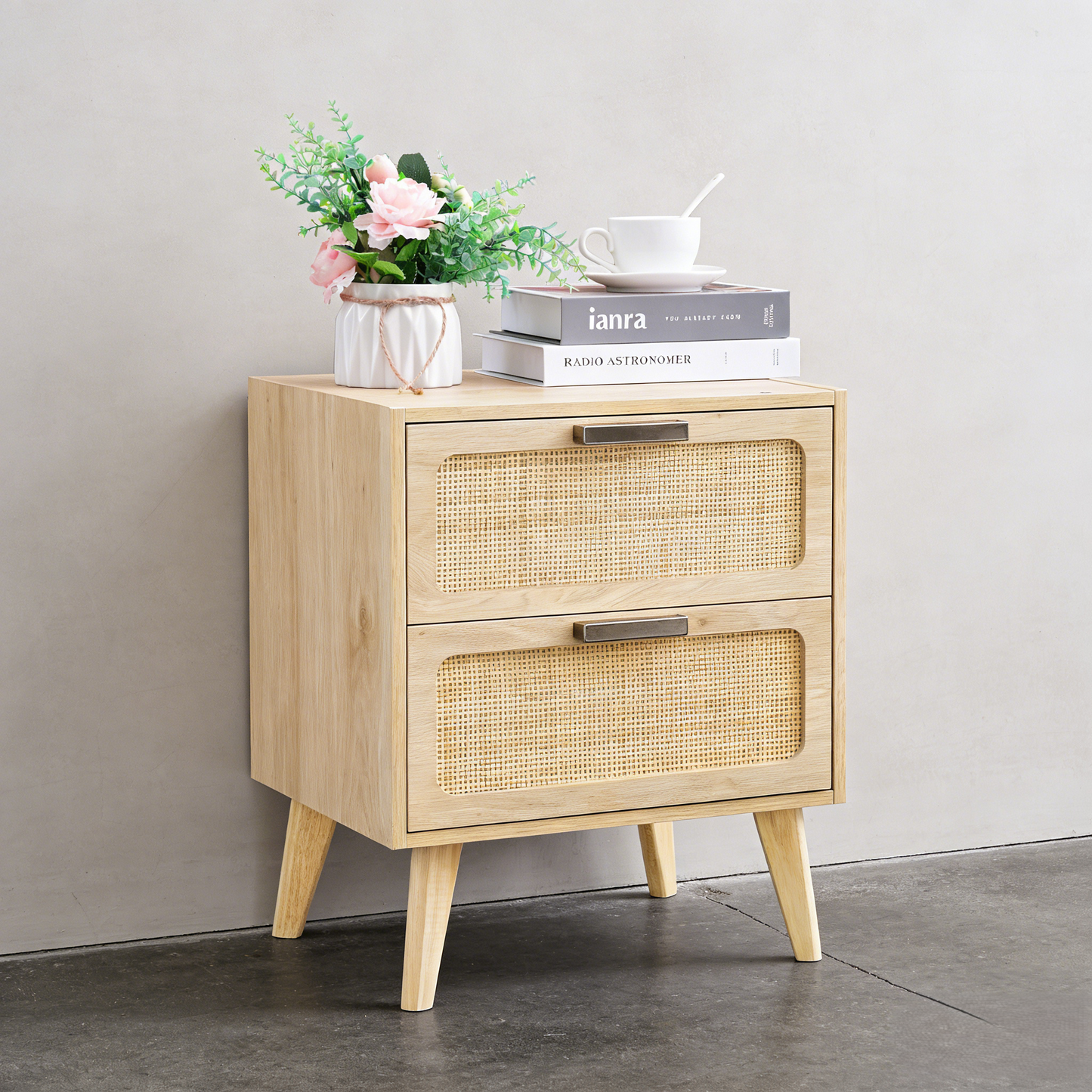 Rattan Panel 2-Drawer Nightstand with Mid-Century Legs