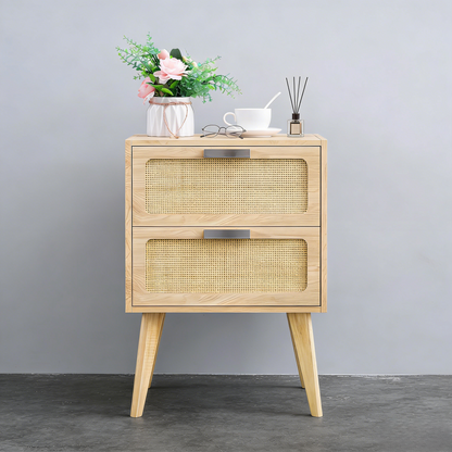 Rattan Panel 2-Drawer Nightstand with Mid-Century Legs