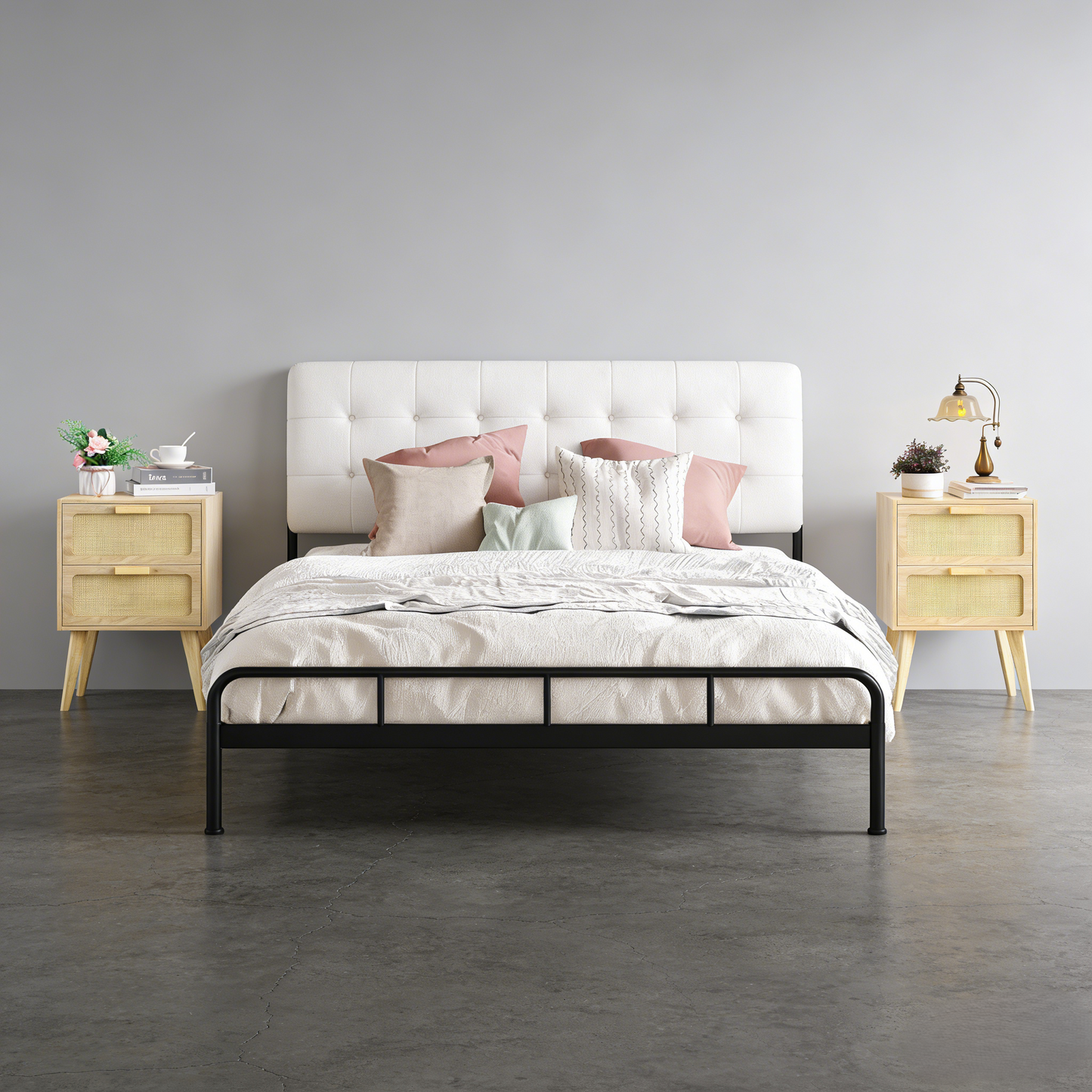 Rattan Panel 2-Drawer Nightstand with Mid-Century Legs