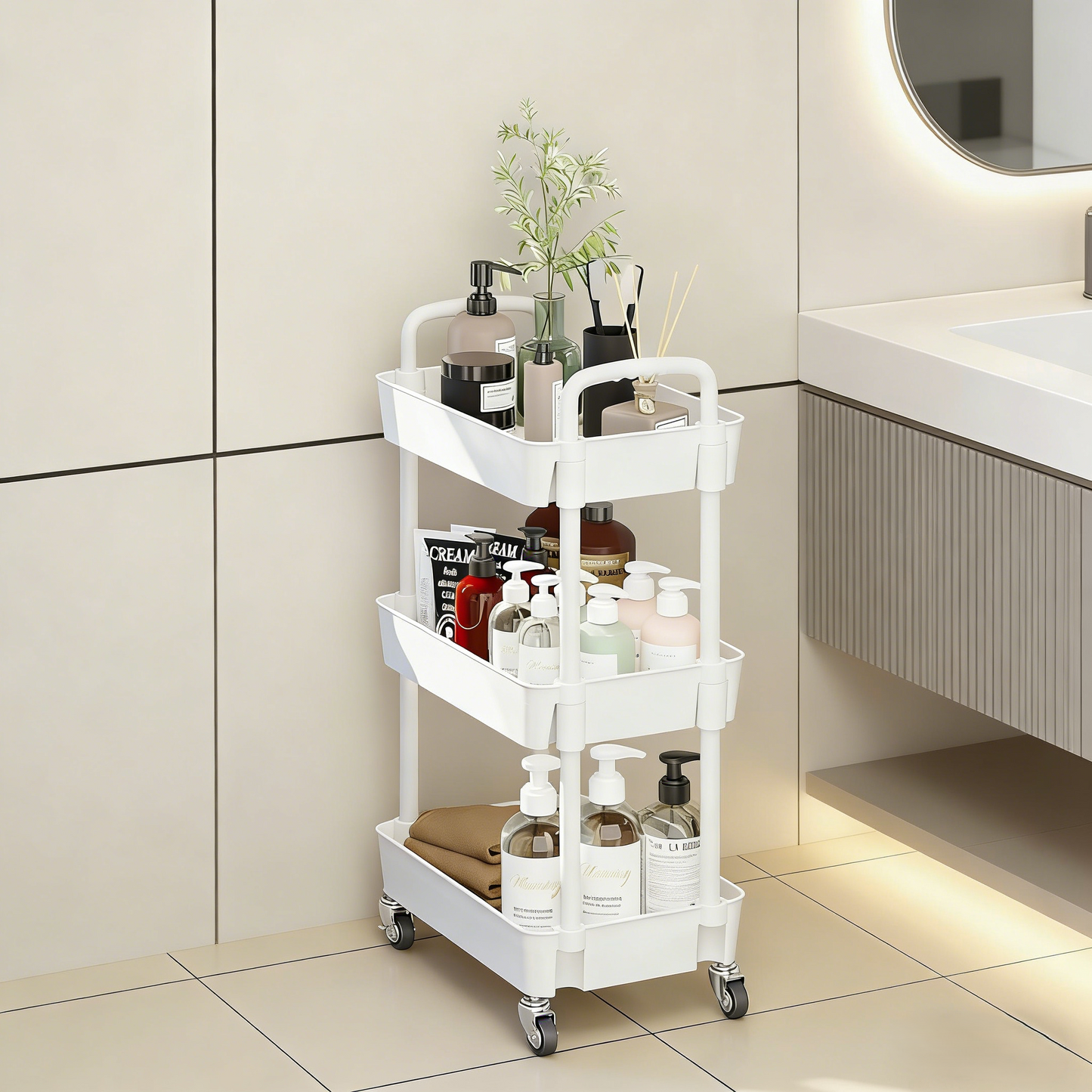 3-Tier Rolling Storage Cart with Wheels for Home Organization (White)