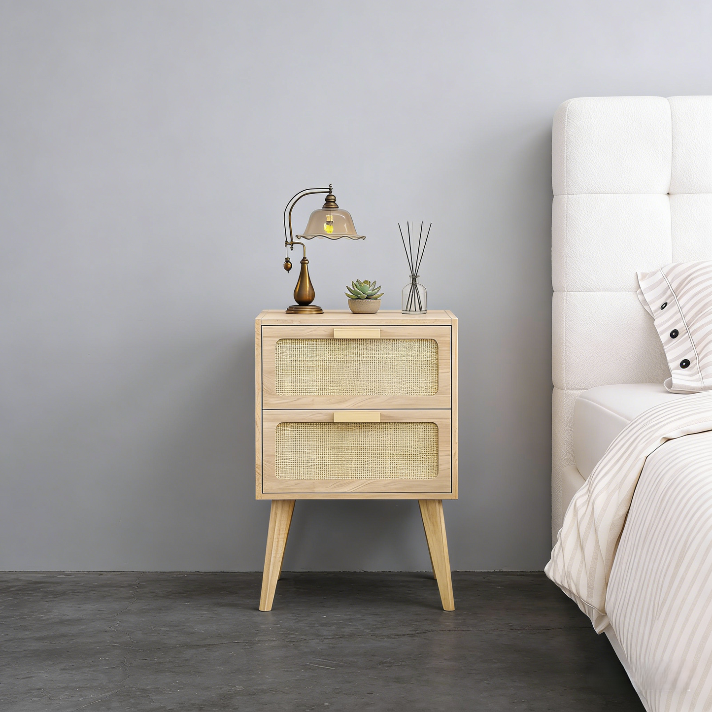 Rattan Panel 2-Drawer Nightstand with Mid-Century Legs