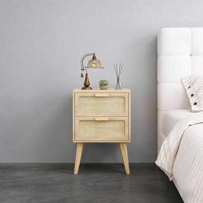 Rattan Panel 2-Drawer Nightstand with Mid-Century Legs