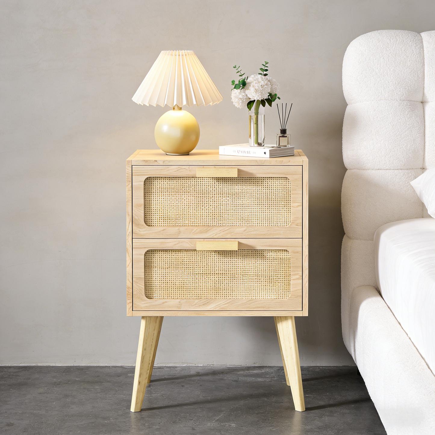 Rattan Panel 2-Drawer Nightstand with Mid-Century Legs