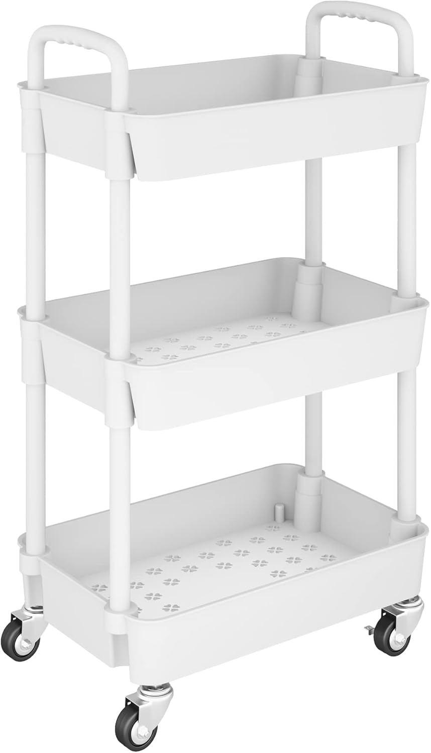 3-Tier Rolling Storage Cart with Wheels for Home Organization (White)