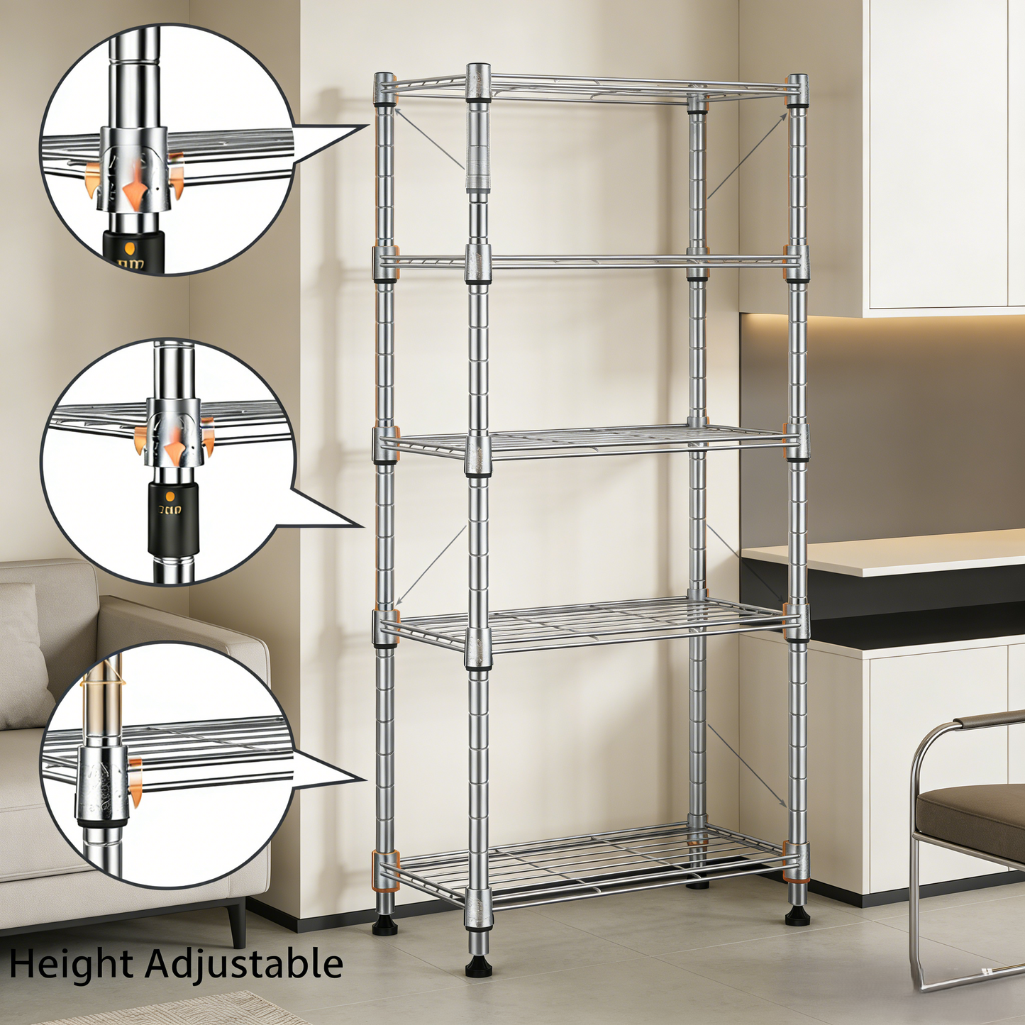 Heavy-Duty Adjustable 3-Tier Wire Shelving Unit for Home & Kitchen Organization