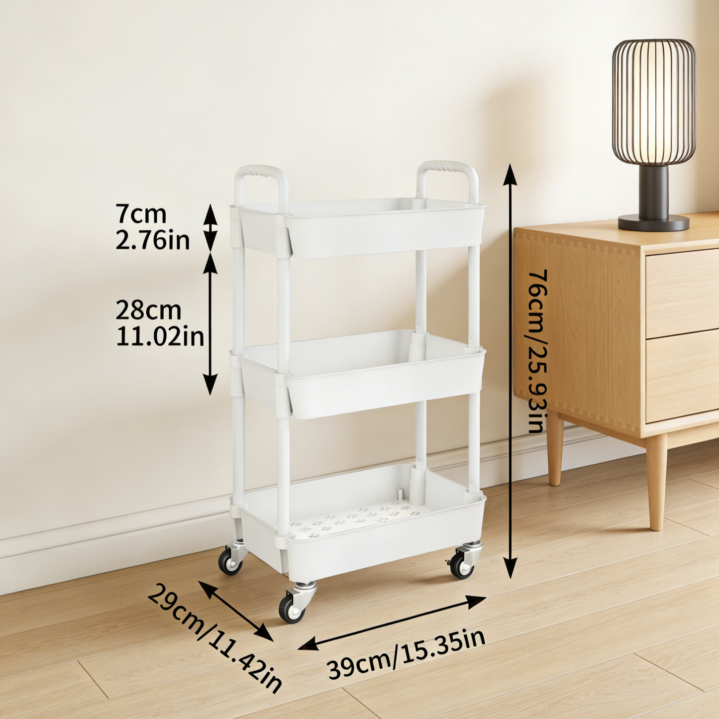 3-Tier Rolling Storage Cart with Wheels for Home Organization (White)