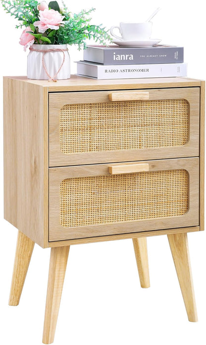 Rattan Panel 2-Drawer Nightstand with Mid-Century Legs